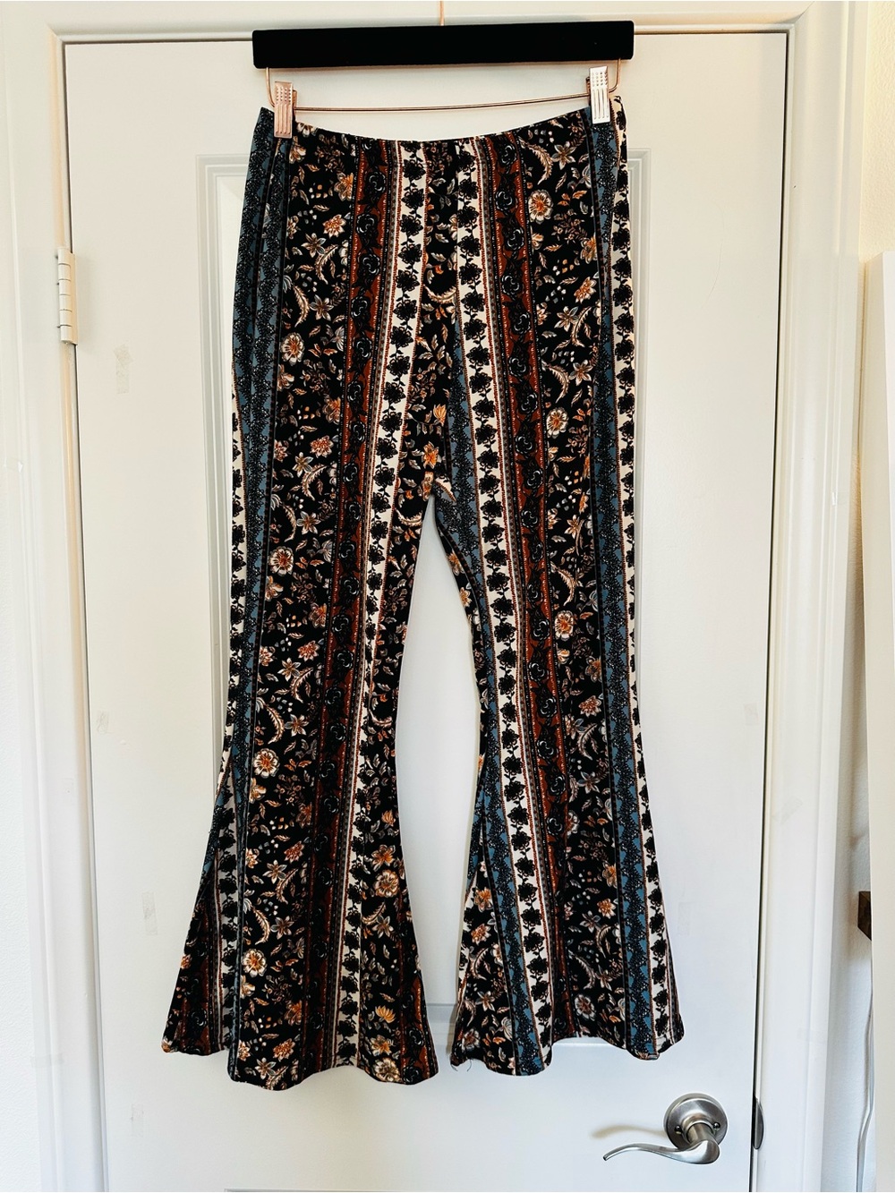 Vibe Black Floral Stripe Flare Pants 70s Boho Retro Size Large
